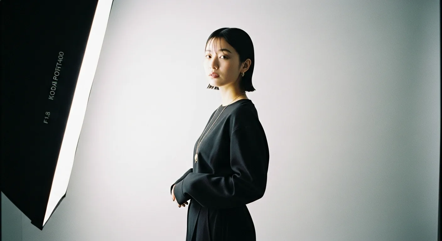 スタジオでプロフィール写真を撮影する清楚な黒いワンピースの女性